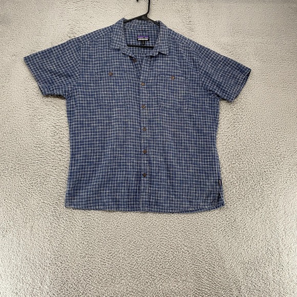 Patagonia Other - Patagonia Back Step Shirt‎ Mens XL Blue Plaid Hemp Cotton Short Sleeve Button Up